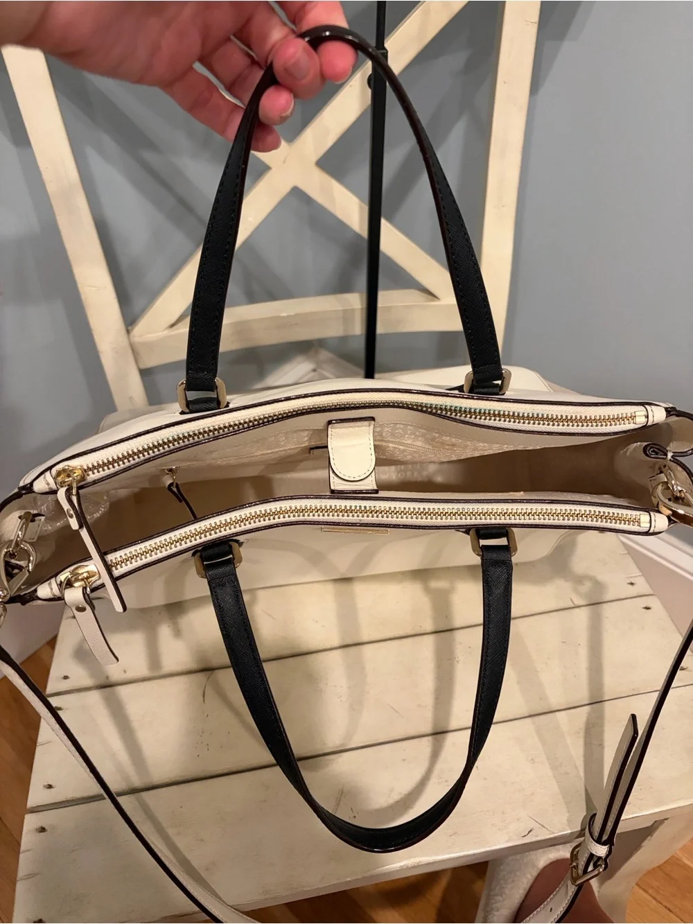 kate spade Cream and Black Leather Tote with Gold Hardware